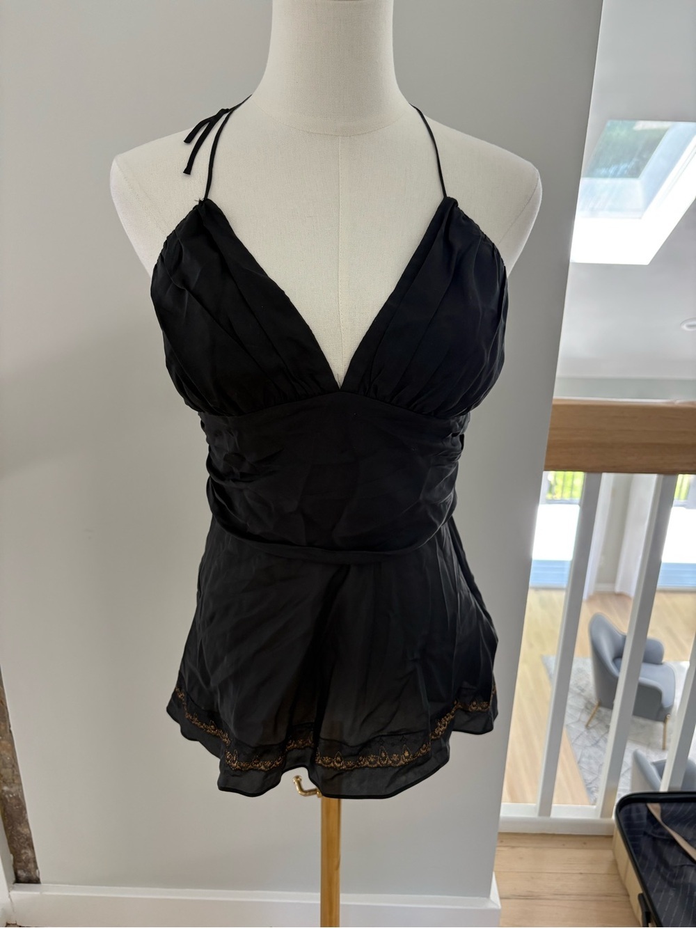 Express Black Halter Chemise with Embroidered Hem